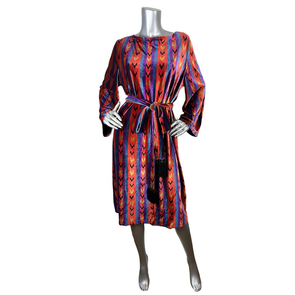 Vintage Loulou de la Falaise Velour Striped Belted Midi Dress Aztec RARE Sz 1X
